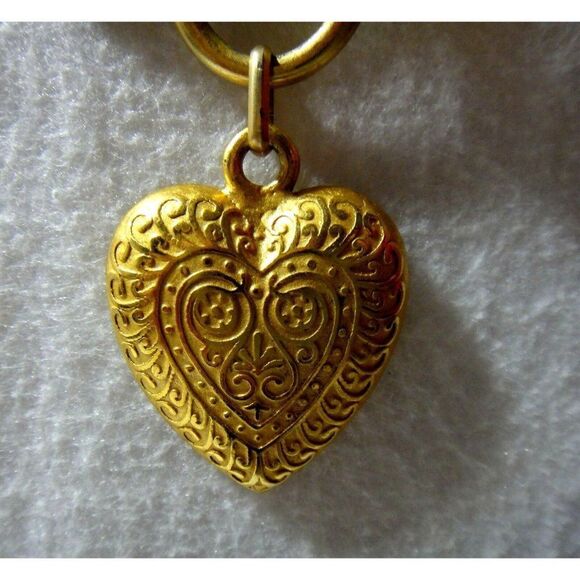 Puffed Heart Pin Etched Design Large Open Swirl Top Goldtone Lightweight - Picture 2 of 4